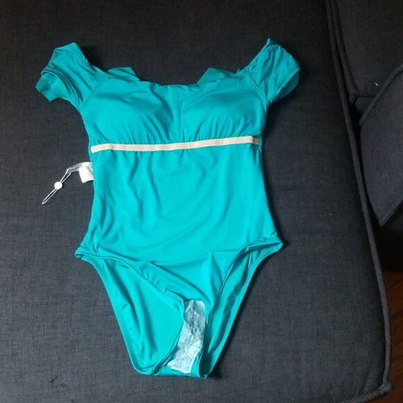 NWT Trina Turk Monaco Off The Shoulder turquoise swimsuit Sz6 - Picture 2 of 7